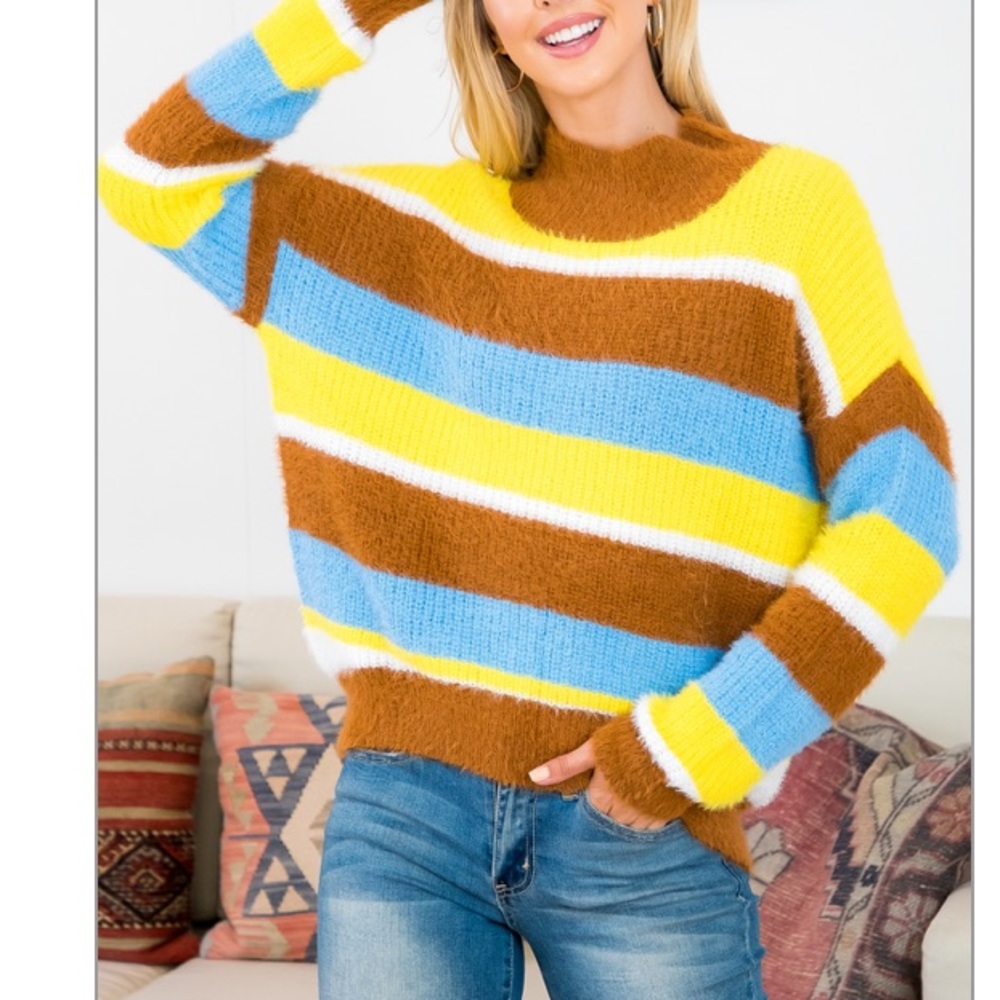 -YELLOW Cognac BLUE white STRIPES mock neck SWEATER😍 beautiful! NWT